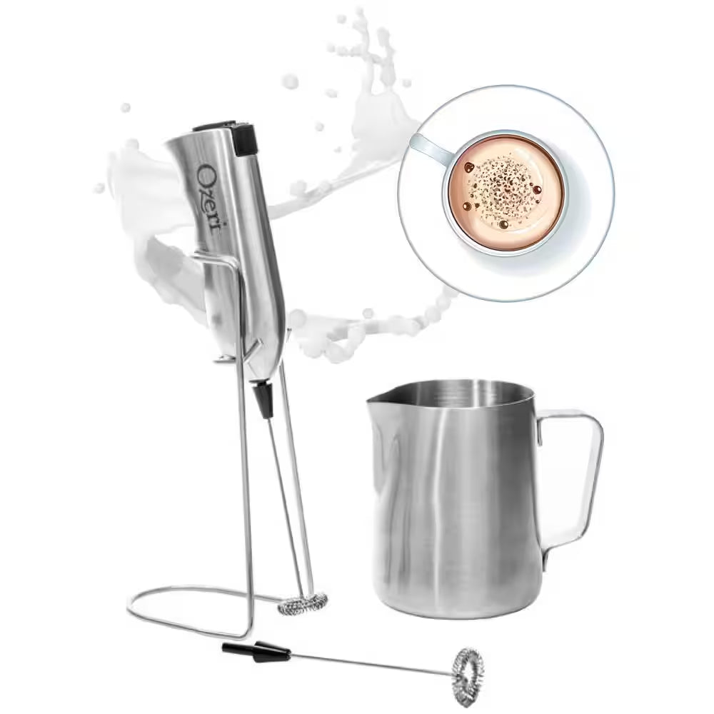 Deluxe Stainless Steel Handheld Milk Frother with Stand and Frothing Pitcher